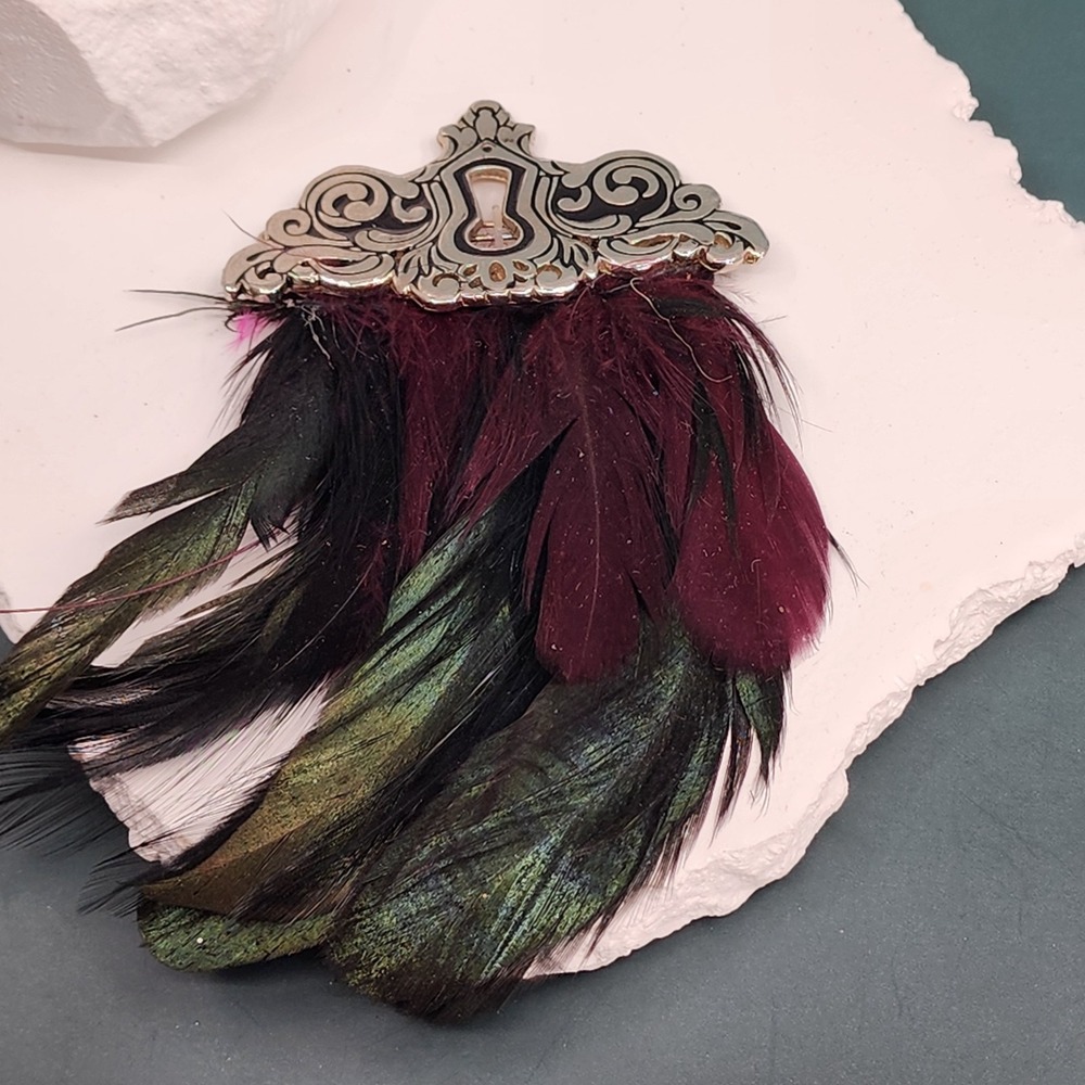 Silver Tone Ornate Feather Brooch Burgundy Black Iridescent Gothic Statement Pin